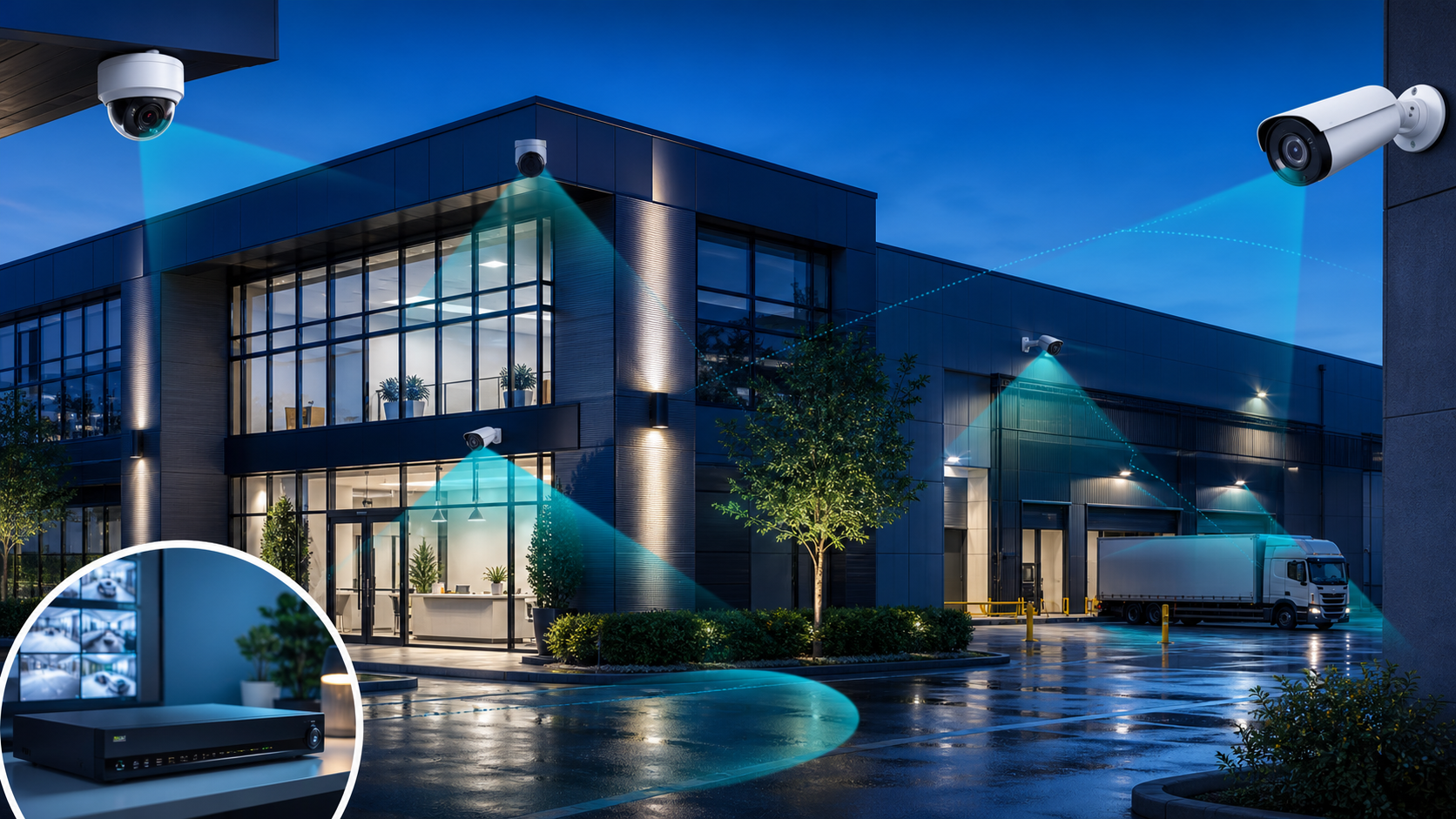 Modern office and warehouse protected by professionally positioned security cameras