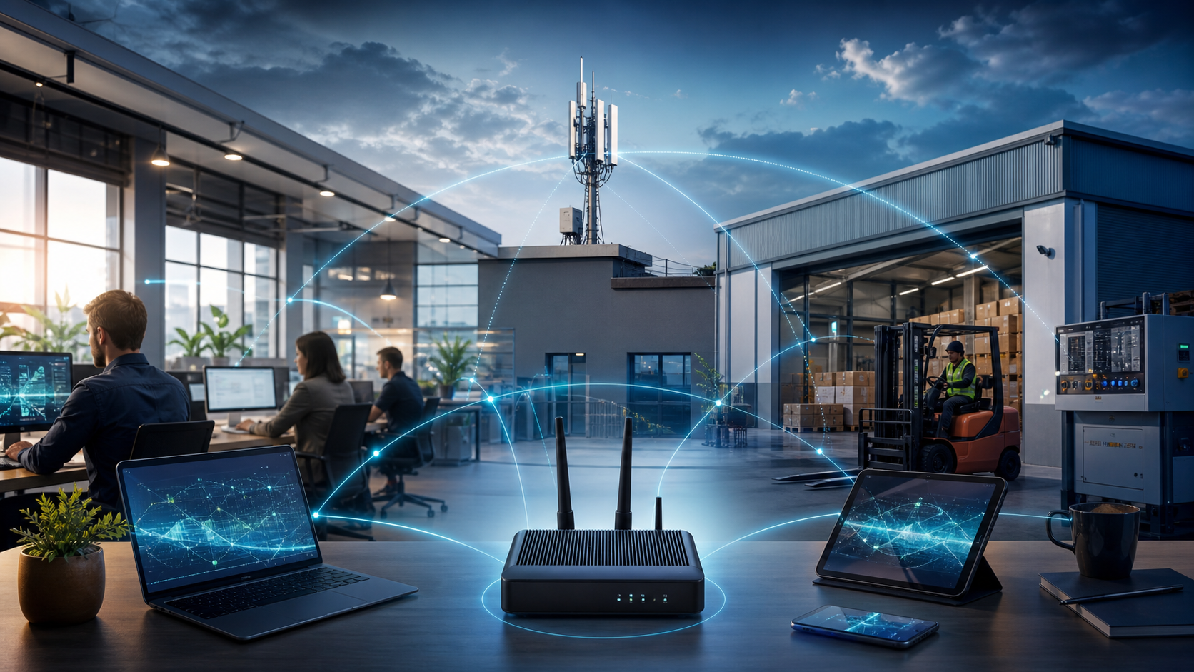 Office and warehouse connected through resilient business 4G and 5G broadband