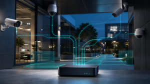 Professional business security cameras connected to an AI analytics gateway