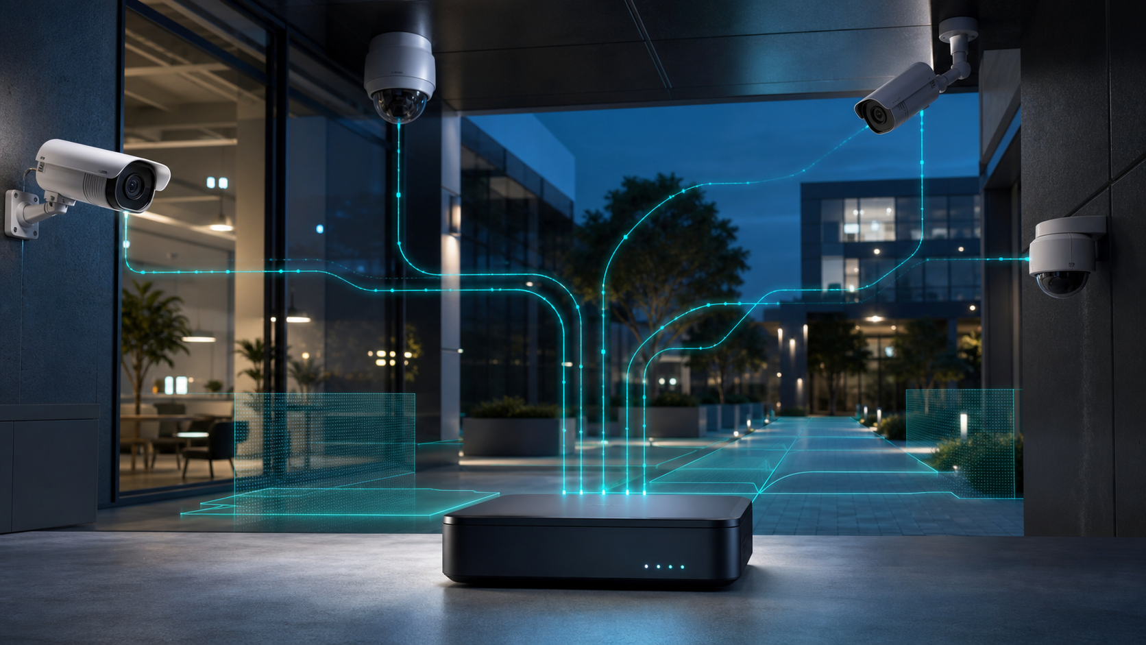 Professional business security cameras connected to an AI analytics gateway
