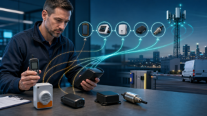 Technician auditing legacy mobile, payment, alarm, tracking and industrial devices before a network upgrade
