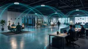 Business office with ceiling access points providing complete Wi-Fi coverage