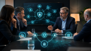 Business leaders and an IT adviser reviewing cyber risk, suppliers and incident response