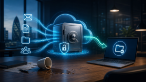 Business email and files flowing into a protected cloud backup vault with a clean restore path
