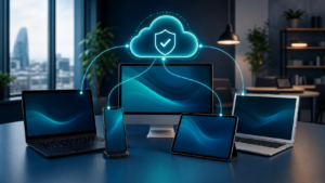 Windows, Mac, tablet and mobile devices connected to one secure IT management platform