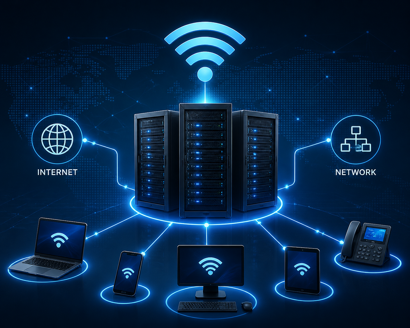 Networked server racks connected to internet and wireless devices