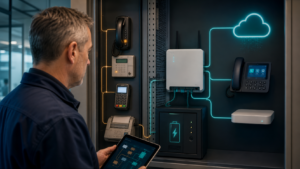 Facilities manager auditing legacy telephone equipment before migration to resilient digital voice