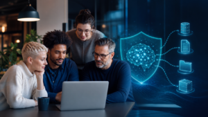 Small business team using a securely governed AI service connected to approved company data