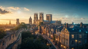York skyline connected by secure cloud and network technology