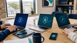 Business colleagues using passkeys across laptops and a smartphone in a mixed-device workplace